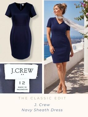 J.Crew Navy Structured Sheath Dress | Minimalist V-Neck | Fully Lined | Classic